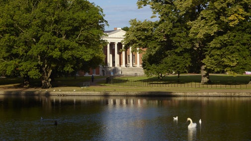 View across the lake towards the east front with the 'transparent' portico at Osterley, Middlesex